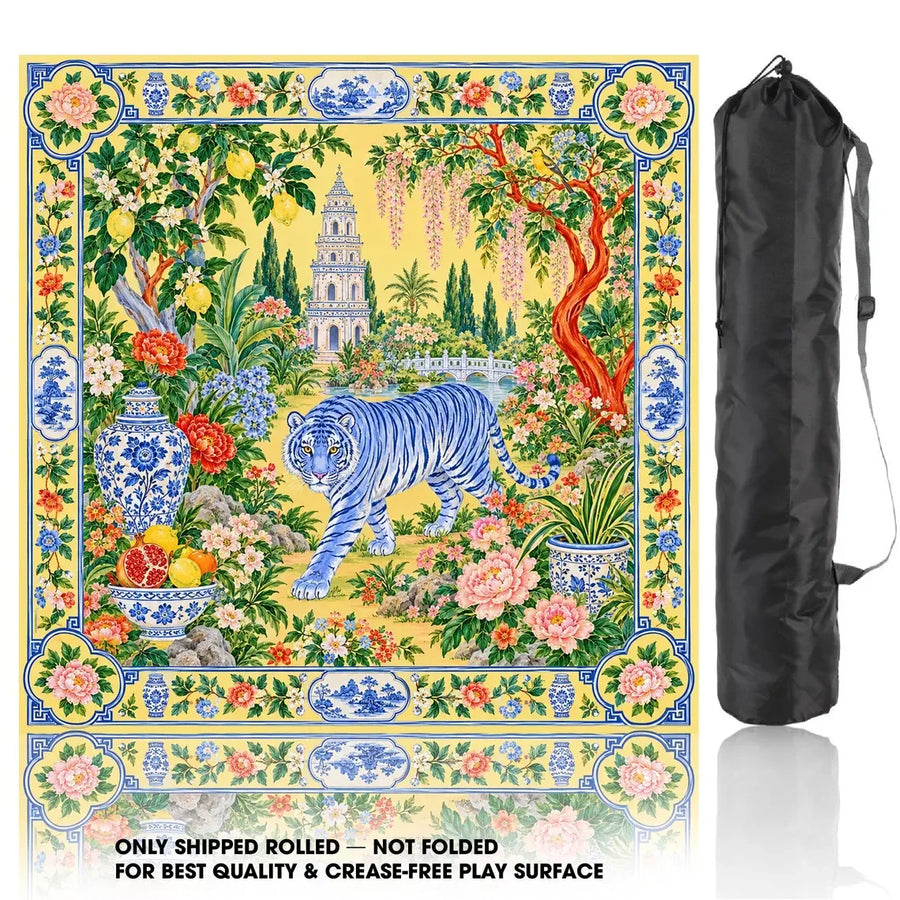 American Mahjong Mat with Storage Bag, Neoprene, Non-Slip, Noise Reducing, Peony and Peacock