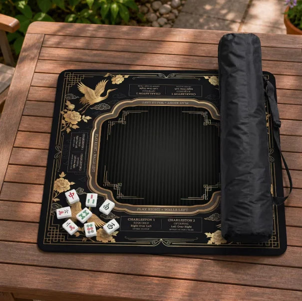 American Mahjong Mat with Carry Bag, Neoprene, Non-Slip, Noise Reducing, Black and Gold Crane and Peony, view 2