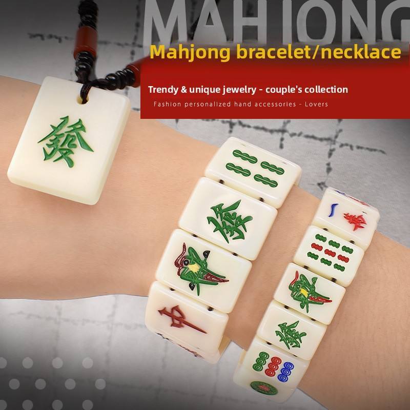 Mahjong Pendant Necklace and Bracelet Set, Acrylic and Wood, for Men and Women, view 3