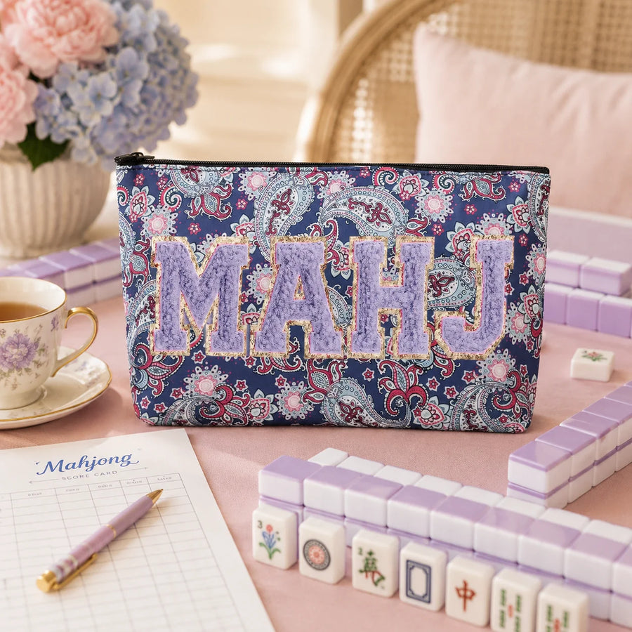 American Mahjong Tile Storage Pouch, Floral Zipper Bag with Embroidered MAHJ, view 4