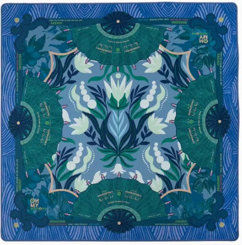 Mahjong Mat for Game Nights, Rubber, Snow Leopard with Blue Floral Accents, view 6