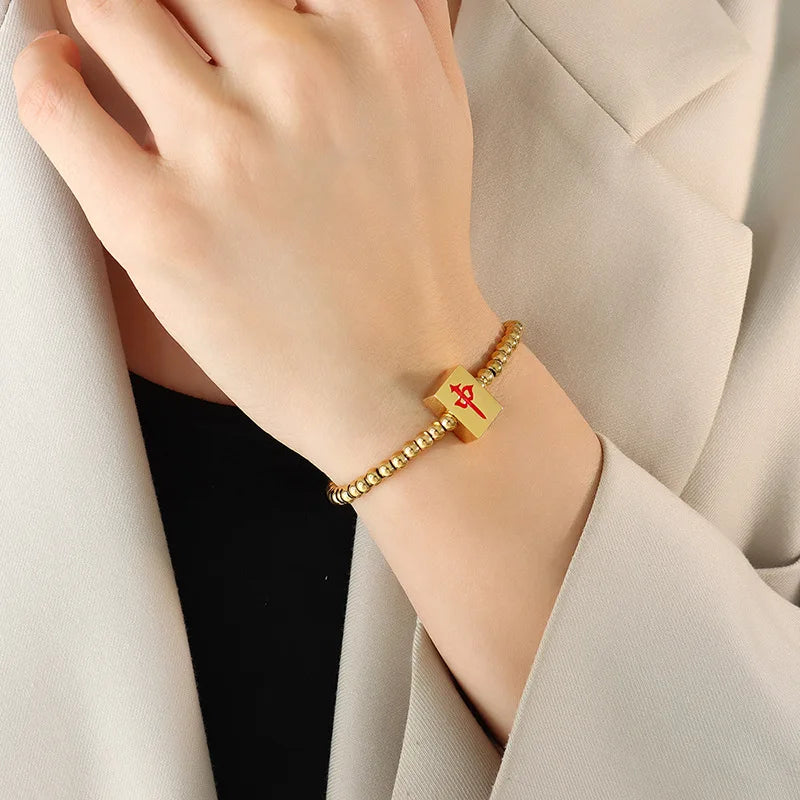 Mahjong Ring Finger Chain Beaded Bracelet, Red Stretch Rope, Stainless Steel, PVD Gold Plated, view 8