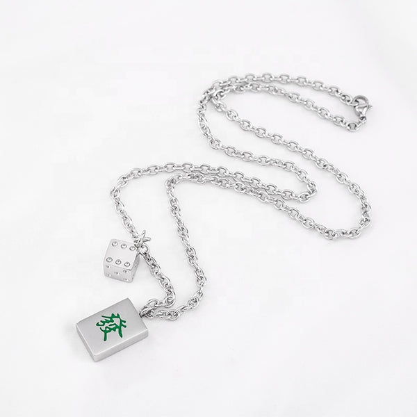 Mahjong Dice Pendant Necklace, Square Stainless Steel, Green, 21.7 Inch (55 cm) Chain