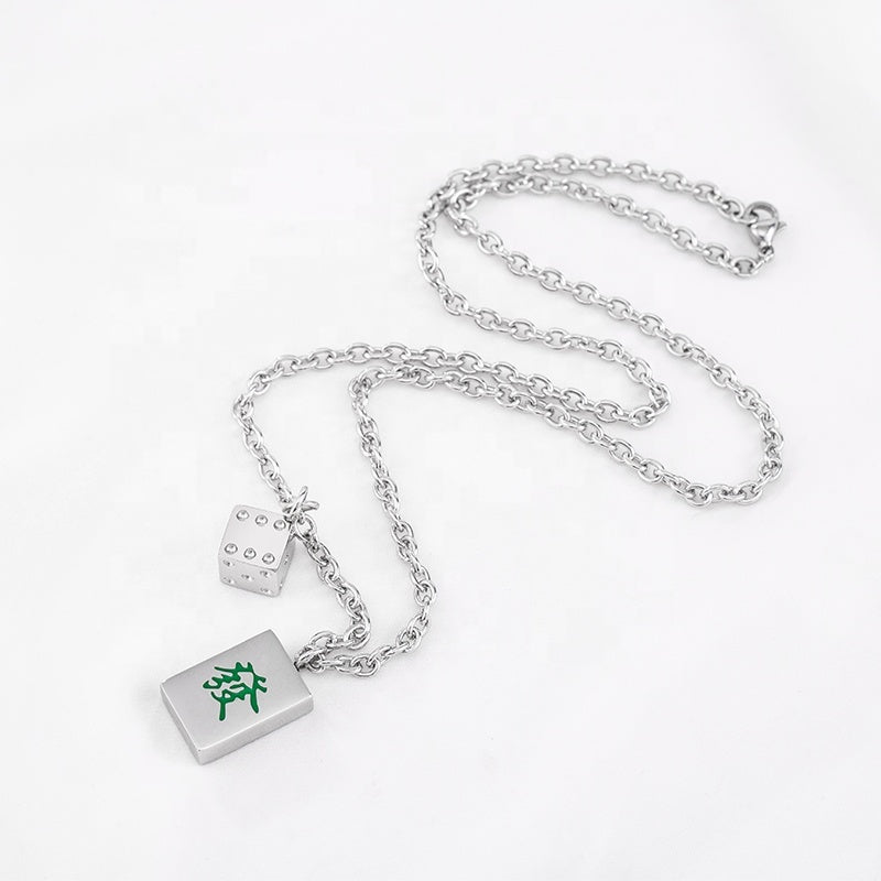 Mahjong Dice Pendant Necklace, Square Stainless Steel, Green, 21.7 Inch (55 cm) Chain
