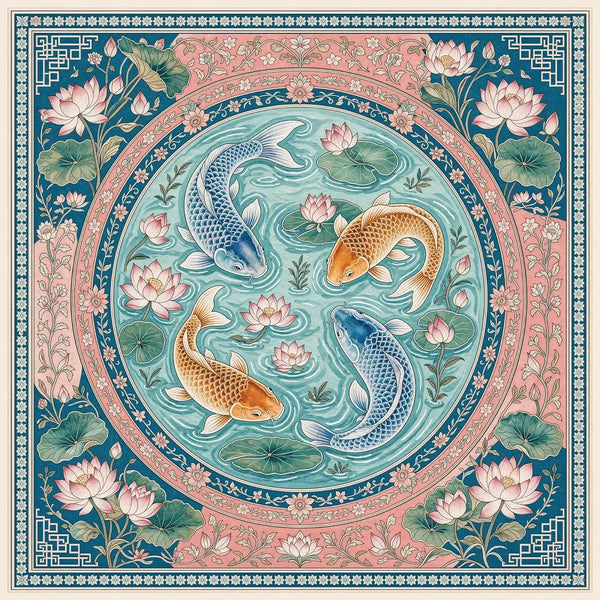 American Mahjong Mat with Storage Bag, Neoprene, Non-Slip, Noise Reducing, Koi Fish and Lotus