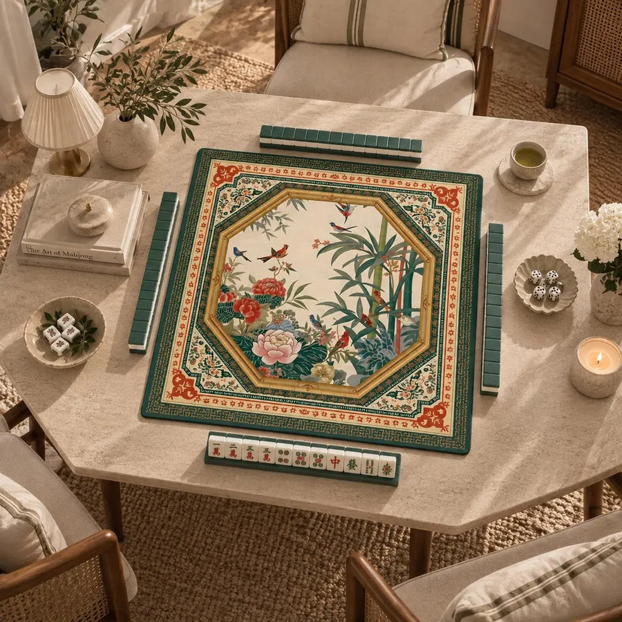 American Mahjong Mat with Storage Bag, Neoprene, Non-Slip, Noise Reducing, Peony and Peacock