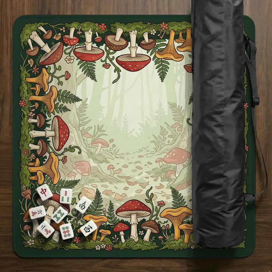 American Mahjong Mat with Carry Bag, Neoprene, Non-Slip, Noise Reducing, Forest Mushroom