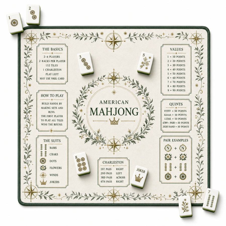 Mahjong Table Mat with Travel Bag, Neoprene, Noise Reducing, Forest Green Laurel Wreath