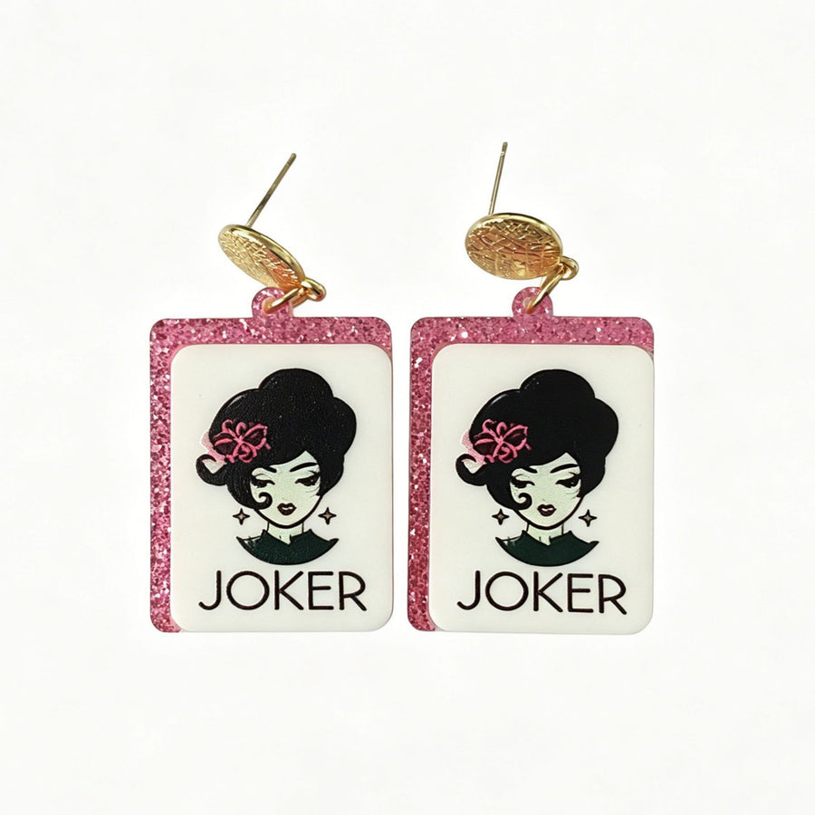 Mahjong Tile Earrings, Glitter Acrylic, Square Joker Tile Charm, view 2