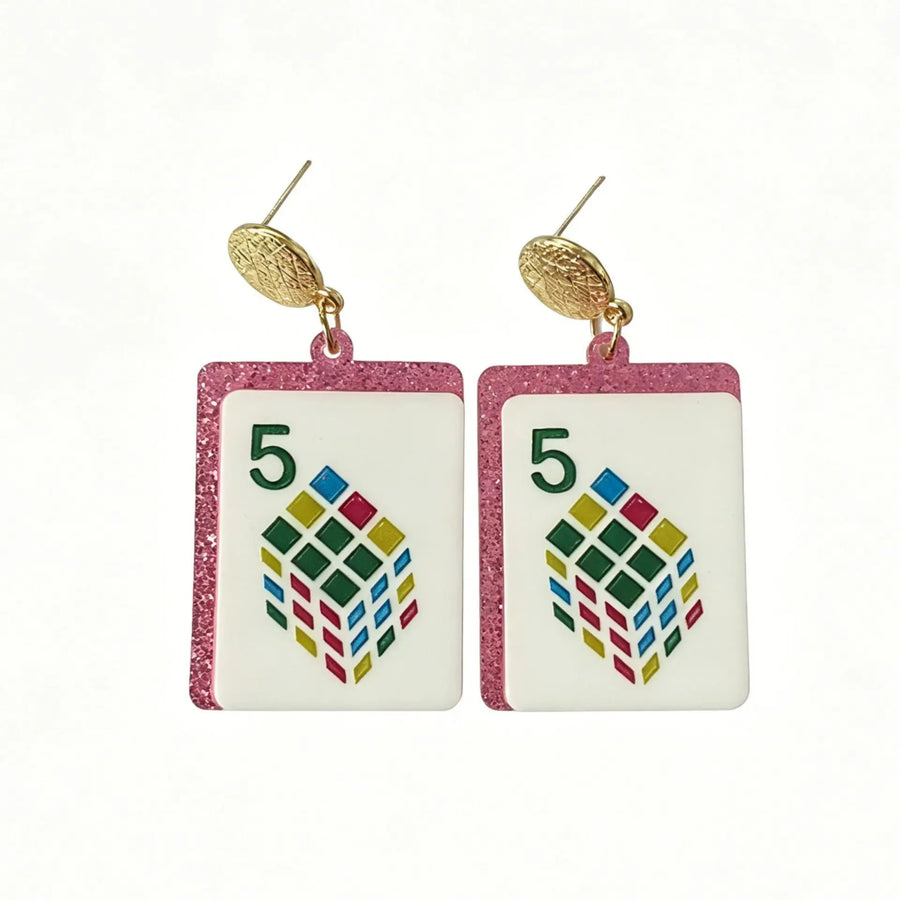 Mahjong Tile Earrings, Glitter Acrylic, Square Joker Tile Charm, view 11