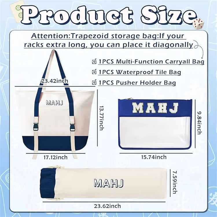 American Mahjong Storage Bags, Canvas Tote with Mat Holder and Drawstring Sleeves, Dark Blue, view 2