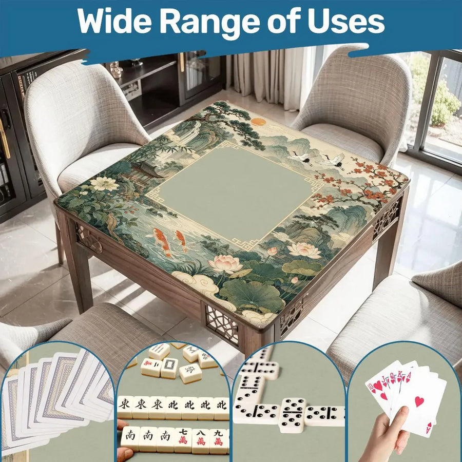 American Mahjong Mat with Carry Bag, Non-Slip Rubber, Shan Shui Landscape with Crane, Koi and Lotus, view 3