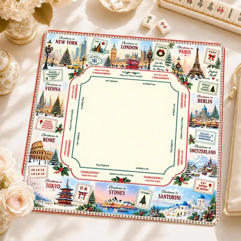 American Mahjong Mat with Carry Bag, Neoprene, Non-Slip, Noise Reducing, Black and Gold Crane and Peony