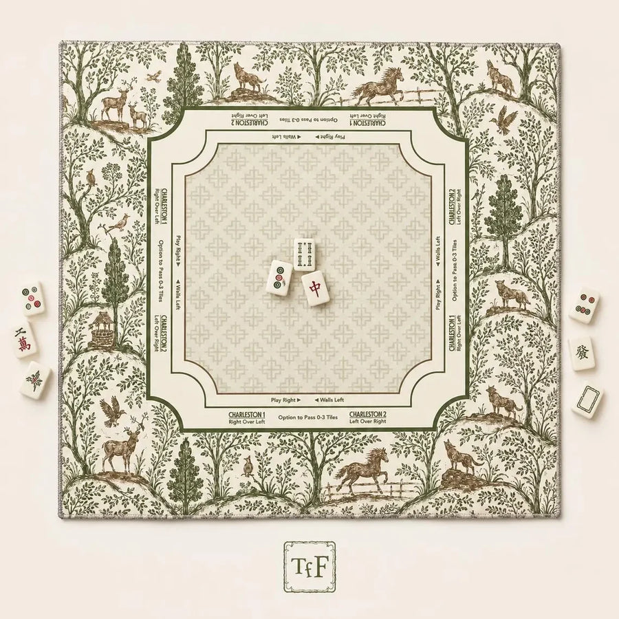 American Mahjong Mat with Storage Bag, Neoprene, Non-Slip, Noise Reducing, Green Bamboo, Crane and Ginkgo