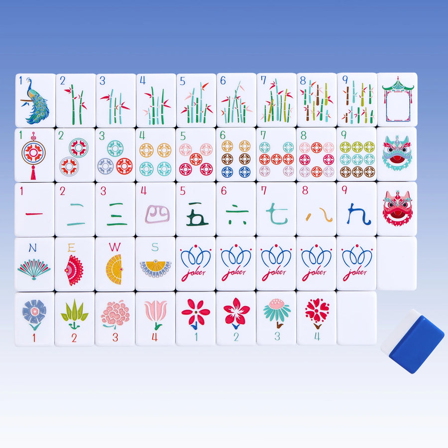 American Mahjong Set, 160 Layered Melamine Tiles, Blue Chinese Knot Design