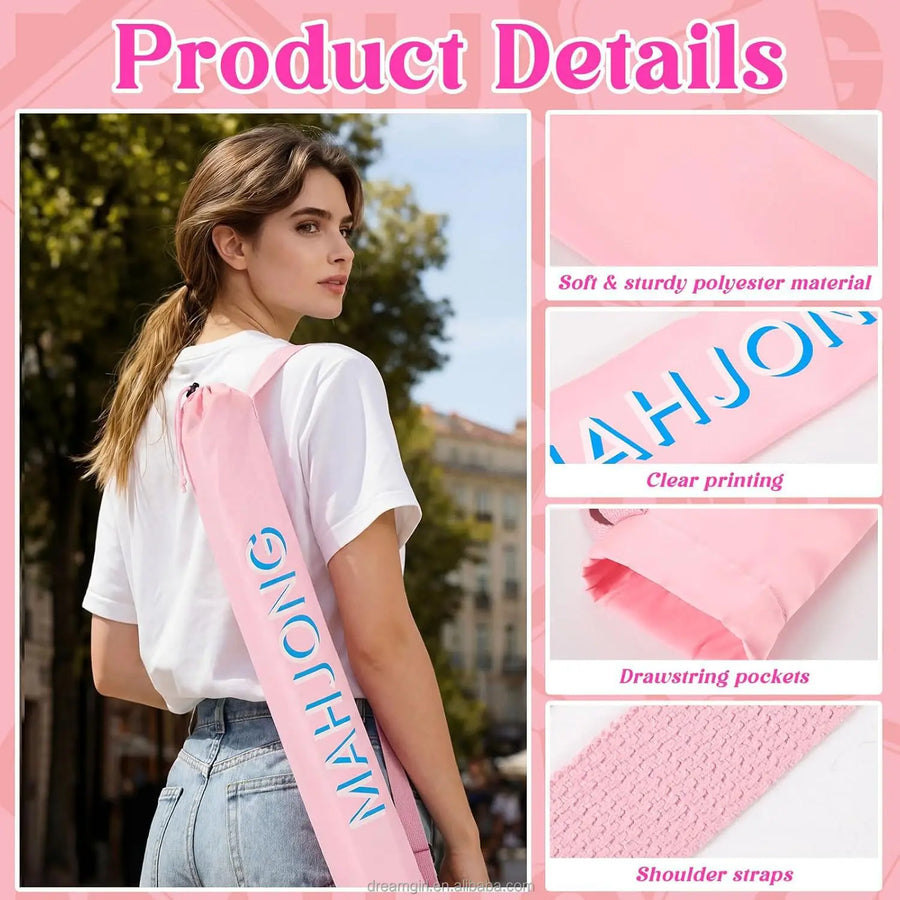 Mahjong Mat and Pusher Storage Bag, 34 Inch Long Polyester Drawstring Bag with Strap, Printed, view 6