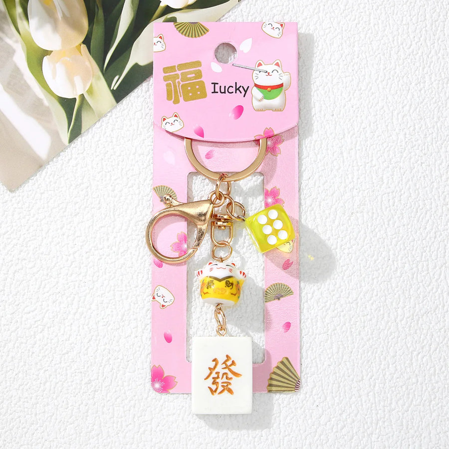 Mahjong Lucky Cat Keychain, Fortune Cat and Dice Bag Charm, Lightweight Key Ring, view 5