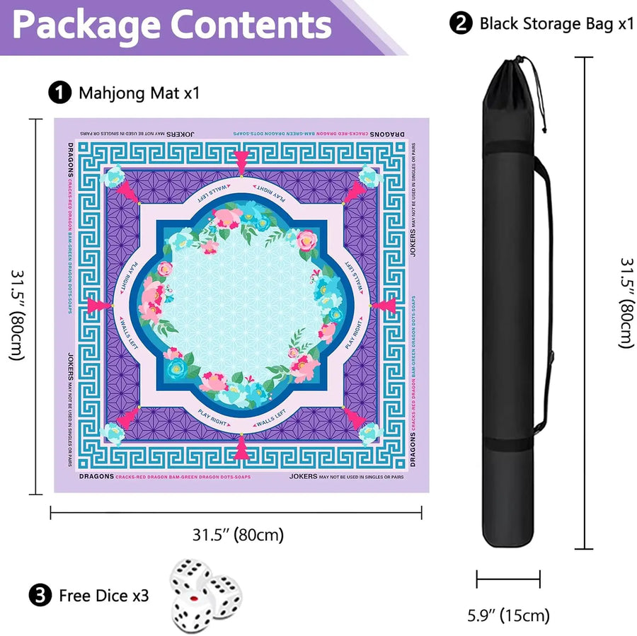 Mahjong Mat with Black Travel Bag, Natural Rubber Non-Slip Backing, Waterproof, Purple Lotus, view 2