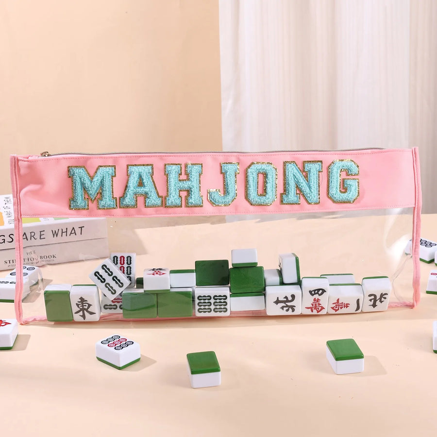 Mahjong Tile Storage Bag, Clear with Velvet Lining, Foldable, Mint Green, view 3