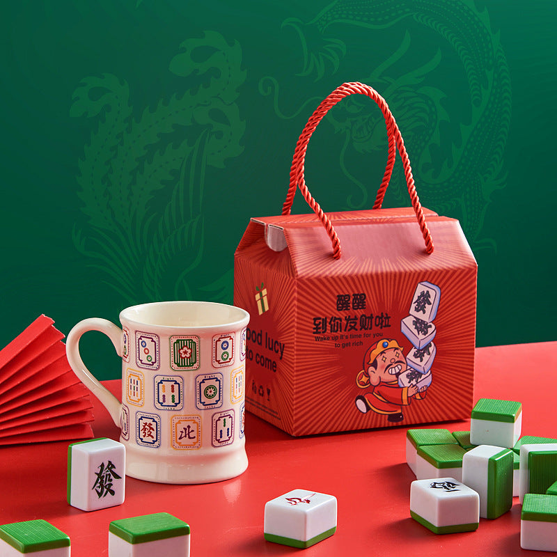 Mahjong Themed Ceramic Coffee Mug with Gift Box, Chinese Trend Style, view 2