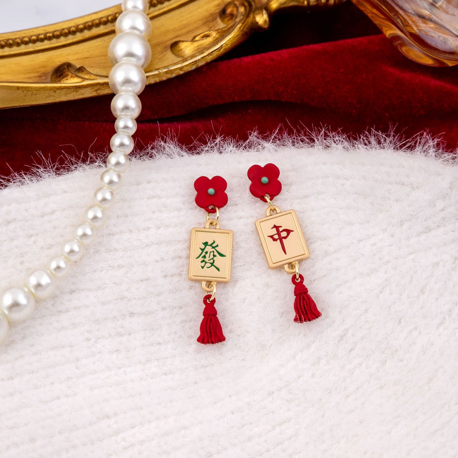 Mahjong Tassel Drop Earrings, Asymmetric, Red Flower, 1.2 x 4.7 cm, view 4