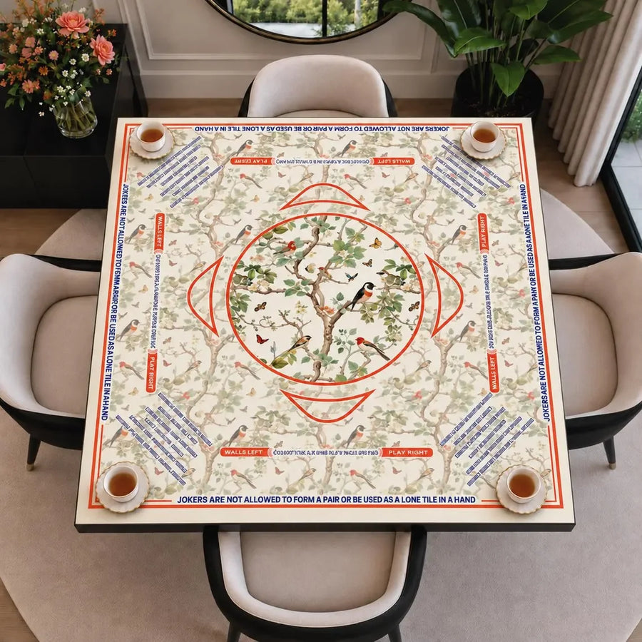 American Mahjong Mat with Carry Bag, Non-Slip Rubber, Shan Shui Landscape with Crane, Koi and Lotus