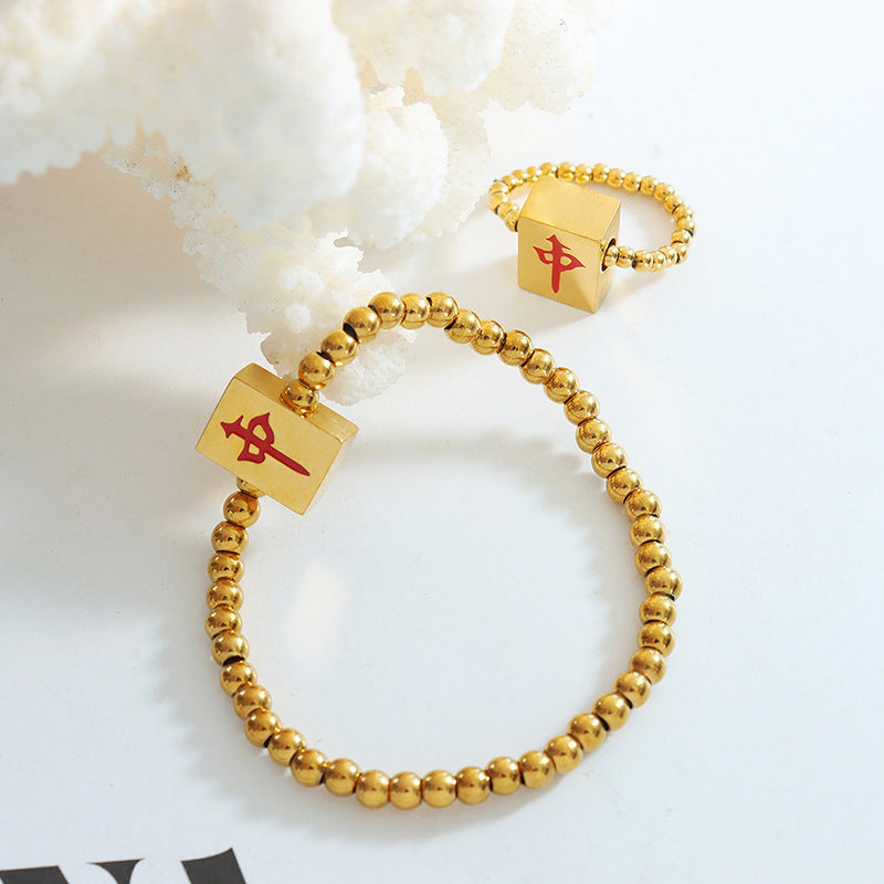 Mahjong Ring Finger Chain Beaded Bracelet, Red Stretch Rope, Stainless Steel, PVD Gold Plated, view 4
