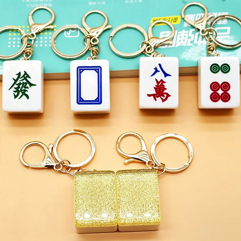 Mini Mahjong Tile Keychain, Red Dragon, Green Dragon and White Dragon Designs, Acrylic and Metal, view 5