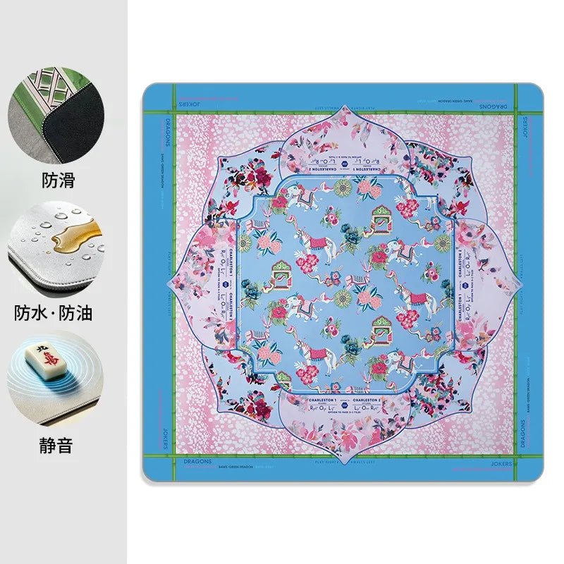 Mahjong Game Mat with Carry Bag, Rubber, Non-Slip, Quiet, Vintage Floral Pattern
