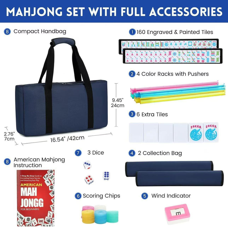 American Mahjong Set, 160 Engraved Tiles, 4 Color Racks and Pushers, Carry Bag, Dice, Scoring Chips, view 6