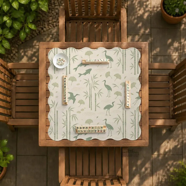 American Mahjong Mat with Storage Bag, Neoprene, Non-Slip, Noise Reducing, Green Bamboo, Crane and Ginkgo