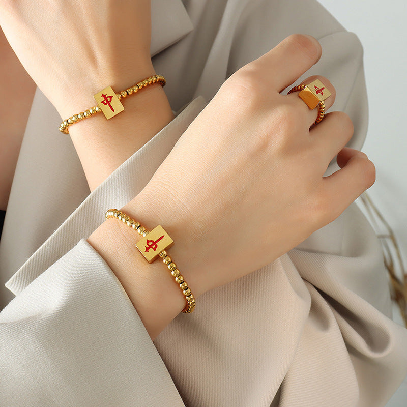 Mahjong Ring Finger Chain Beaded Bracelet, Red Stretch Rope, Stainless Steel, PVD Gold Plated, view 5