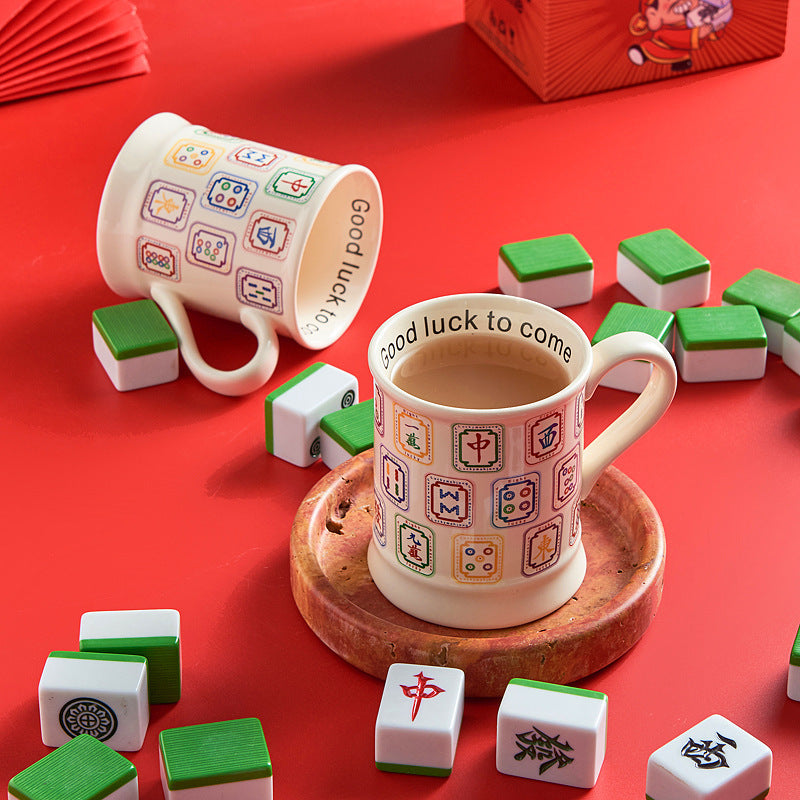 Mahjong Themed Ceramic Coffee Mug with Gift Box, Chinese Trend Style, view 4