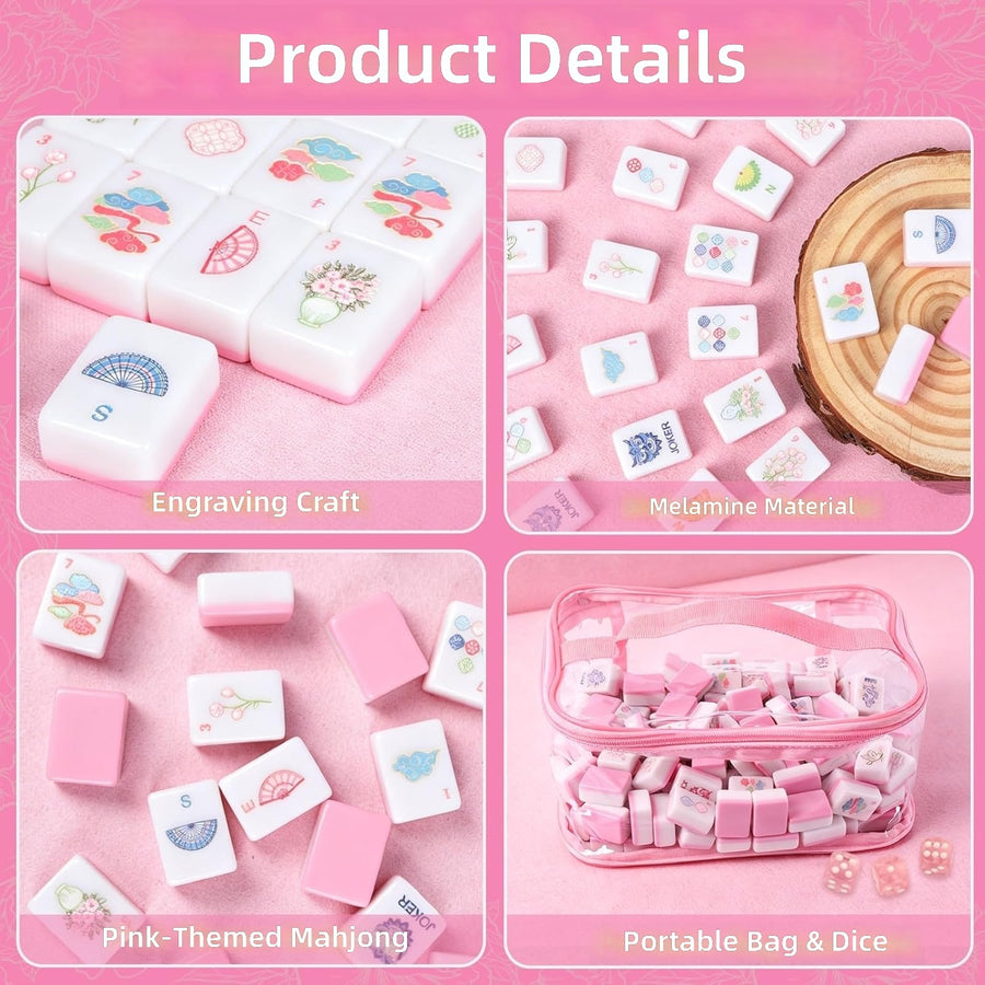 American Mahjong Tile Set, 162 Tiles, 3D Engraved Melamine, Storage Bag and Dice, Pink, view 4