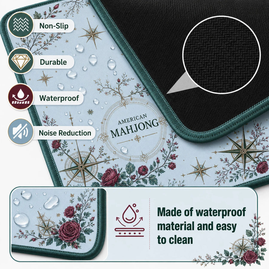 American Mahjong Mat with Built-In Scoring Guide, Neoprene, Non-Slip, Vintage Blue Rose Botanical, view 6