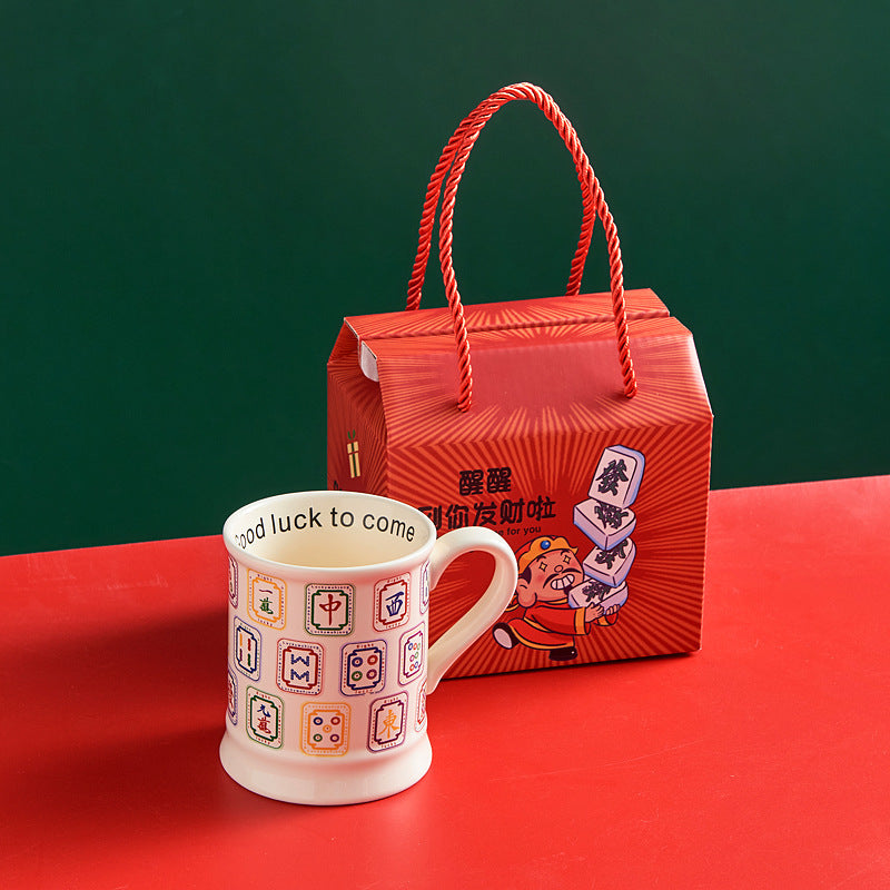 Mahjong Themed Ceramic Coffee Mug with Gift Box, Chinese Trend Style, view 6