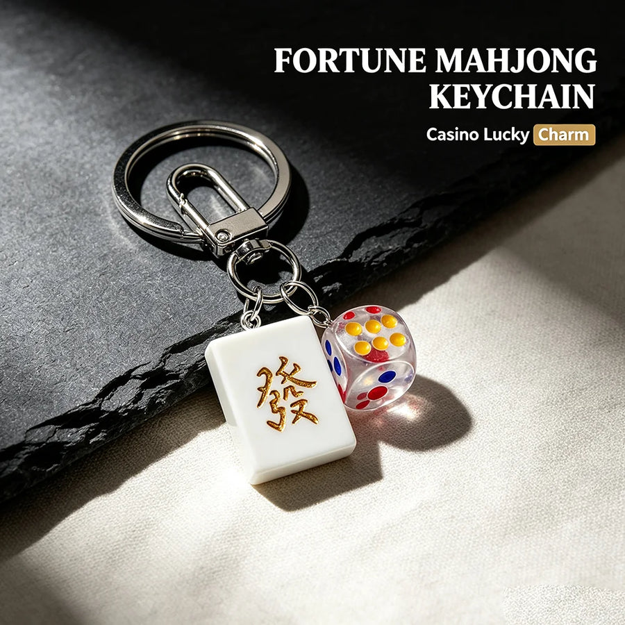 Mahjong Keychain, Resin Green Dragon Fa Tile Key Ring with Dice Pendant, view 6