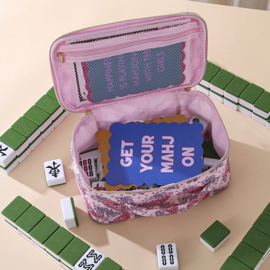 Mahjong Tile and Rack Storage Bag with Handle, Floral Retro Makeup Pouch Design