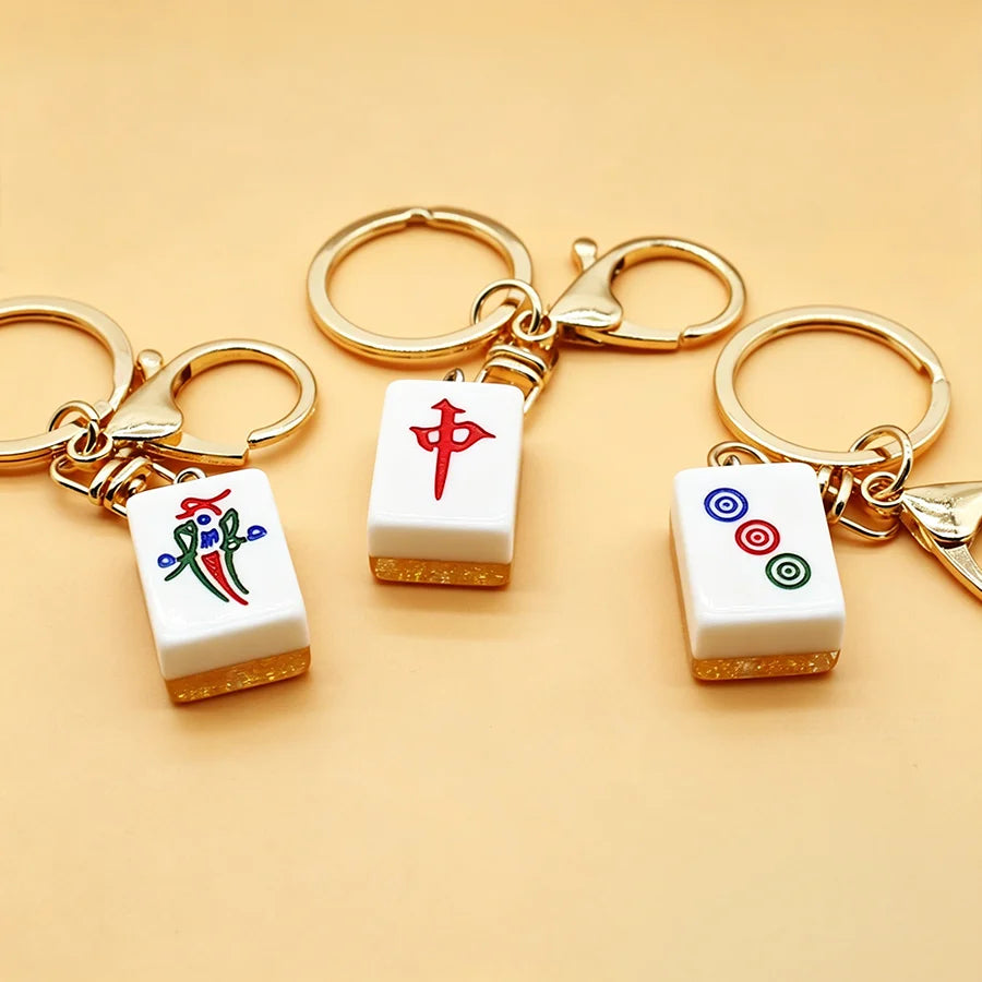 Mini Mahjong Tile Keychain, Red Dragon, Green Dragon and White Dragon Designs, Acrylic and Metal, view 6