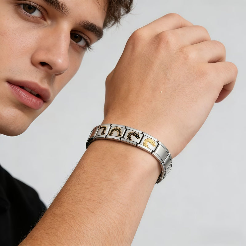 Mahjong Italian Charm Bracelet, Stainless Steel, Dragon and Yin-Yang Charms, Interchangeable, view 2