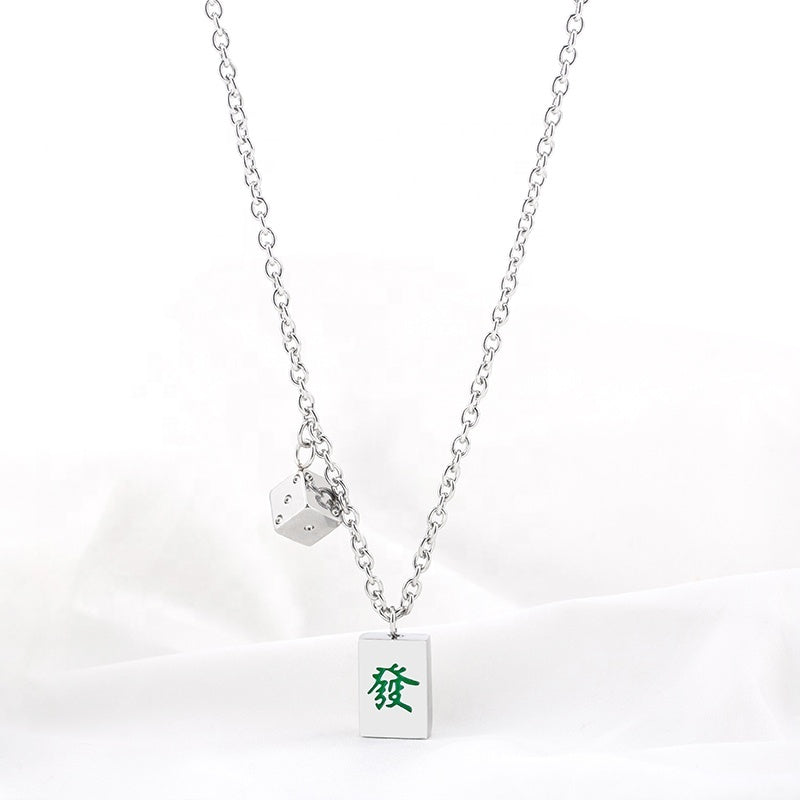 Mahjong Dice Pendant Necklace, Square Stainless Steel, Green, 21.7 Inch (55 cm) Chain, view 3