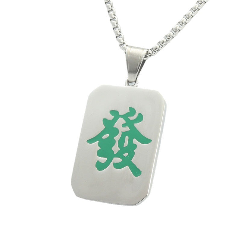 Mahjong Pendant Necklace with Green Fa Character, Stainless Steel, Geometric, Men's, view 5