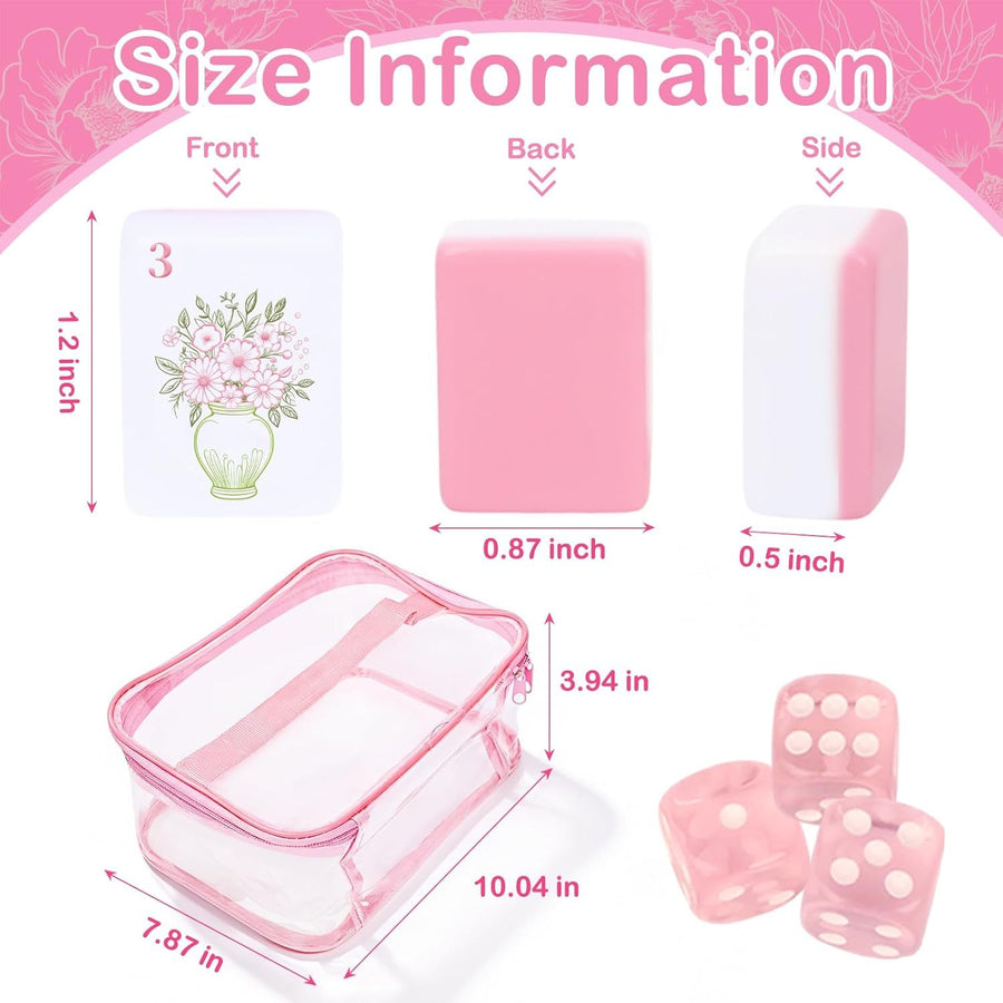 American Mahjong Tile Set, 162 Tiles, 3D Engraved Melamine, Storage Bag and Dice, Pink, view 3