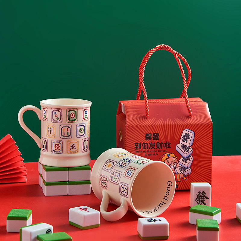 Mahjong Themed Ceramic Coffee Mug with Gift Box, Chinese Trend Style, view 3