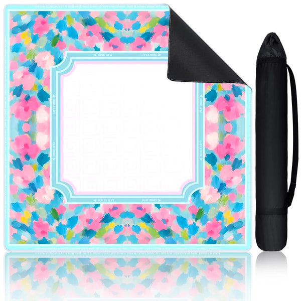 American Mahjong Mat, 31.5 x 31.5 Inch Rubber, Non-Slip, Noise Reducing, Pink and Blue Watercolor Floral