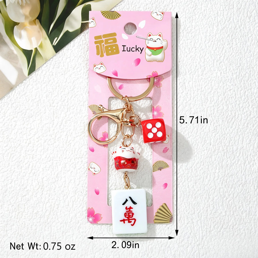 Mahjong Lucky Cat Keychain, Fortune Cat and Dice Bag Charm, Lightweight Key Ring, view 11