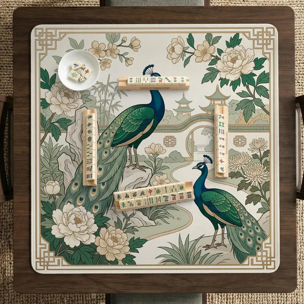 American Mahjong Mat with Storage Bag, Neoprene, Non-Slip, Noise Reducing, Peony and Peacock