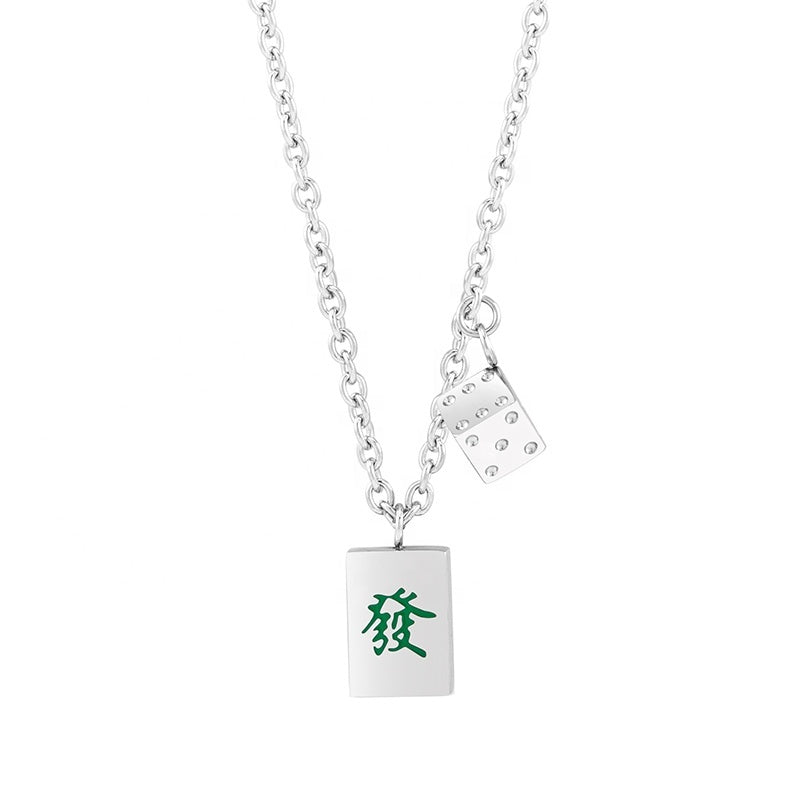 Mahjong Dice Pendant Necklace, Square Stainless Steel, Green, 21.7 Inch (55 cm) Chain, view 2