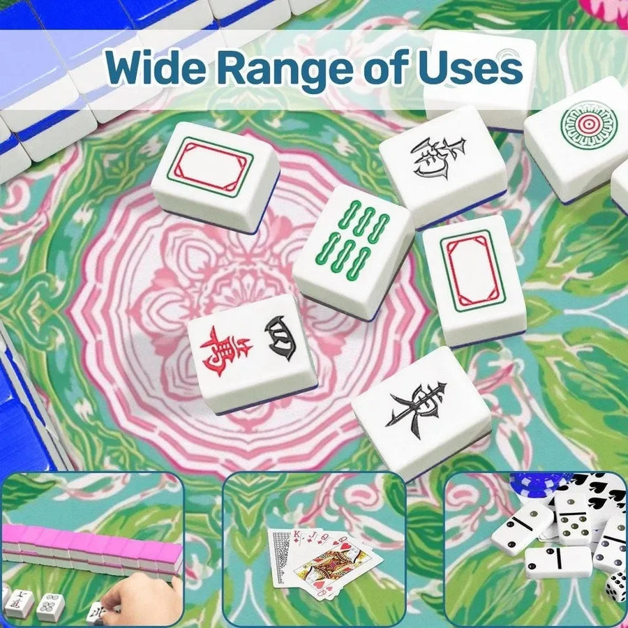 American Mahjong Mat, 31.5 Inch Foldable Rubber, Non-Slip, Green and Pink Paradise Floral, view 3