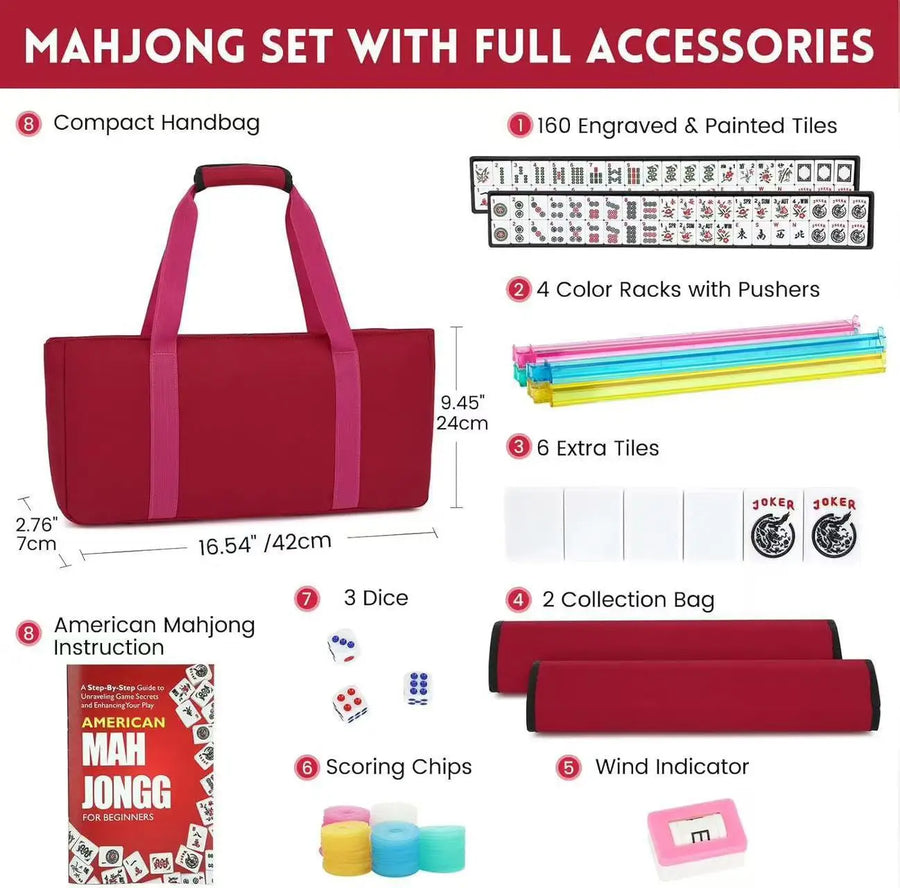 American Mahjong Set, 160 Engraved Tiles, 4 Color Racks and Pushers, Carry Bag, Dice, Scoring Chips, view 8